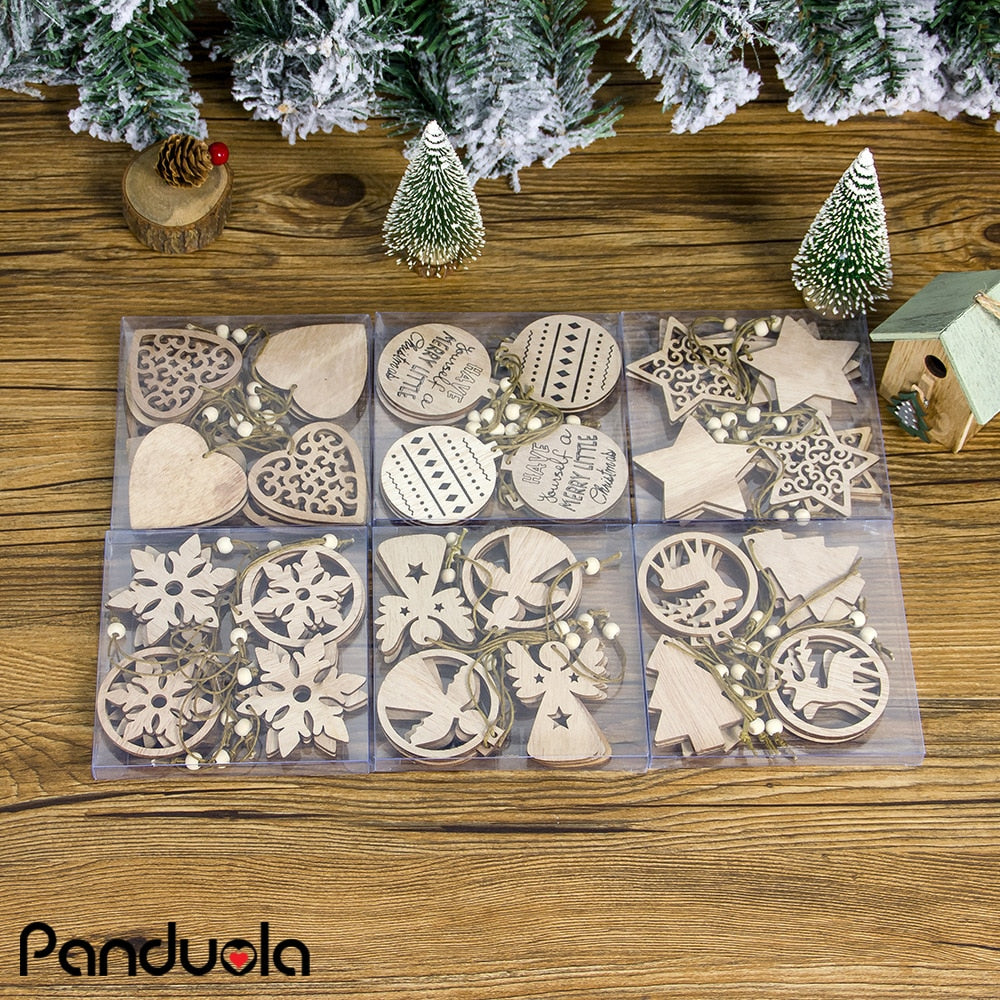 12pcs wooden chip pendants creative Christmas tree ornaments and hanging gifts