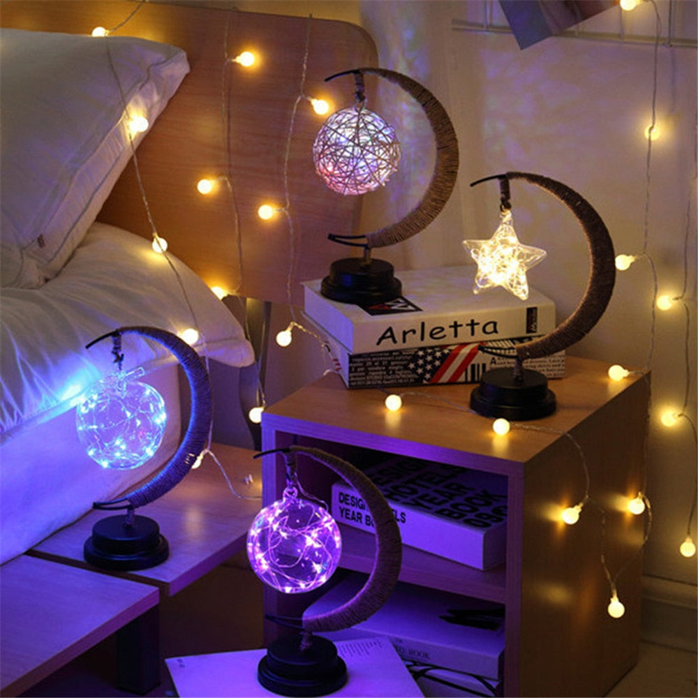 LED Star, Moon & Apple Fairy Lights - Hemp Rope Night Lamp & Christmas Gifts