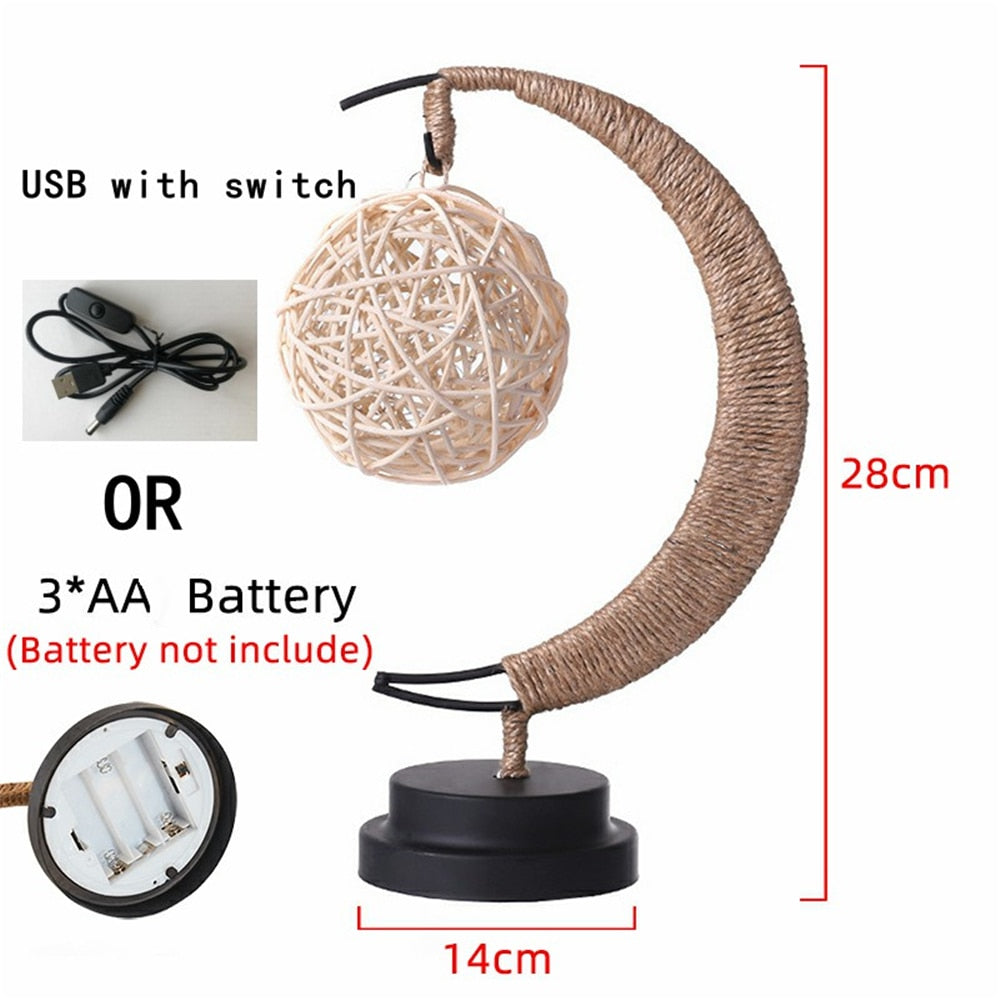 LED Star, Moon & Apple Fairy Lights - Hemp Rope Night Lamp & Christmas Gifts