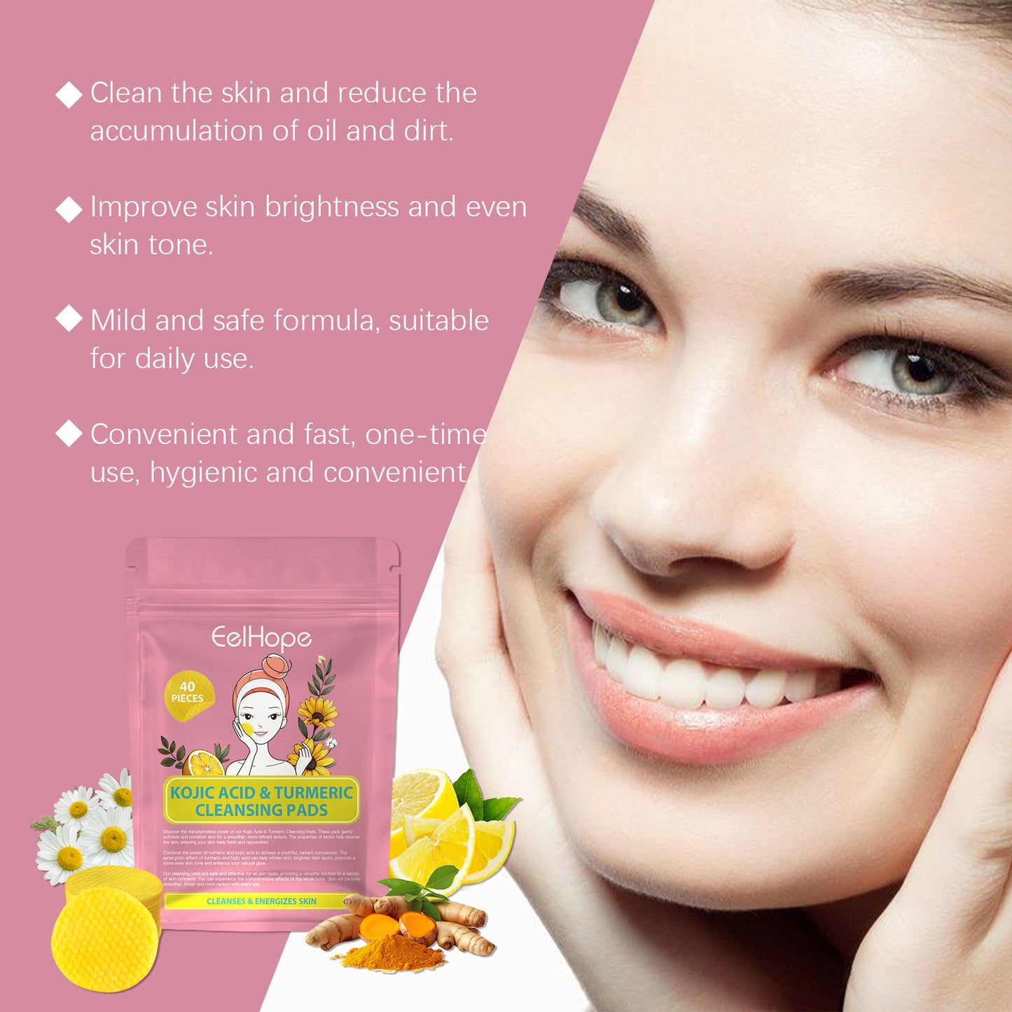 Tấm làm sạch da mặt Eelhope với axit kojic và nghệ tươi làm sạch nhẹ nhàng lỗ chân lông, mang lại làn da tươi mát, thuộc dòng sản phẩm chăm sóc da làm sạch.