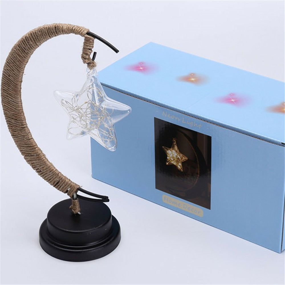 LED Star, Moon & Apple Fairy Lights - Hemp Rope Night Lamp & Christmas Gifts