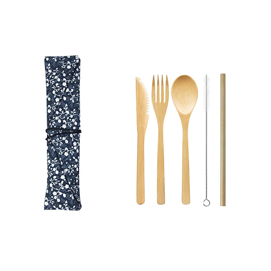 Bamboo Knife, Fork, Spoon & Straw Set – Eco-Friendly Outdoor Tableware with Cloth Bag