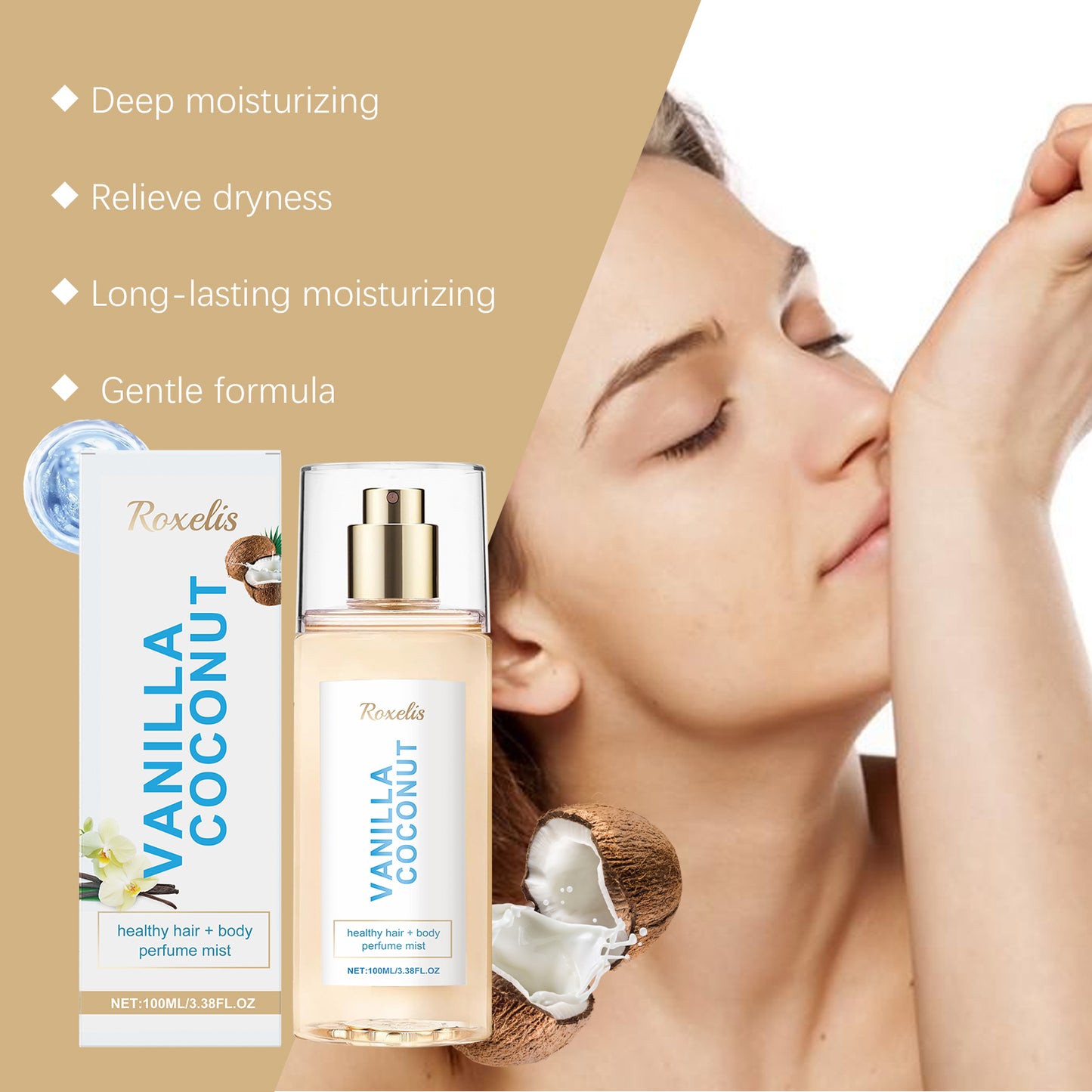 Roxelis Vanilla Coconut Body Perfume Spray – Fresh, Romantic & Portable