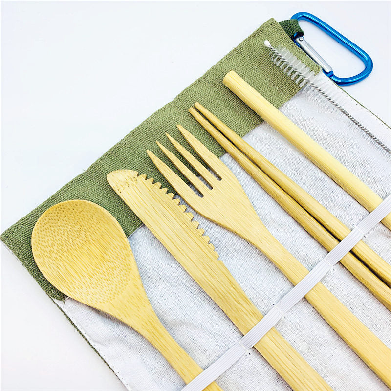 Portable Eco-Friendly Flatware Set – 7PCS Bamboo Travel Cutlery (Knife, Fork, Spoon, Straws, Chopsticks)