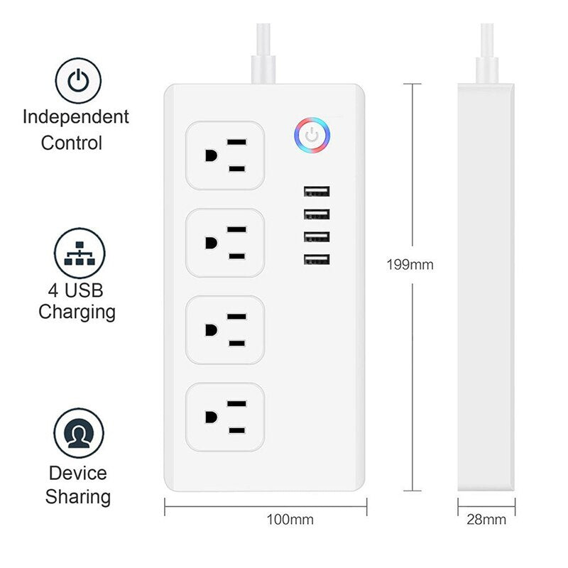 Smart Power Strip WiFi Extension Cord with 4 USB Ports & 4 Individually Controlled AC Plugs – Tuya App Compatible