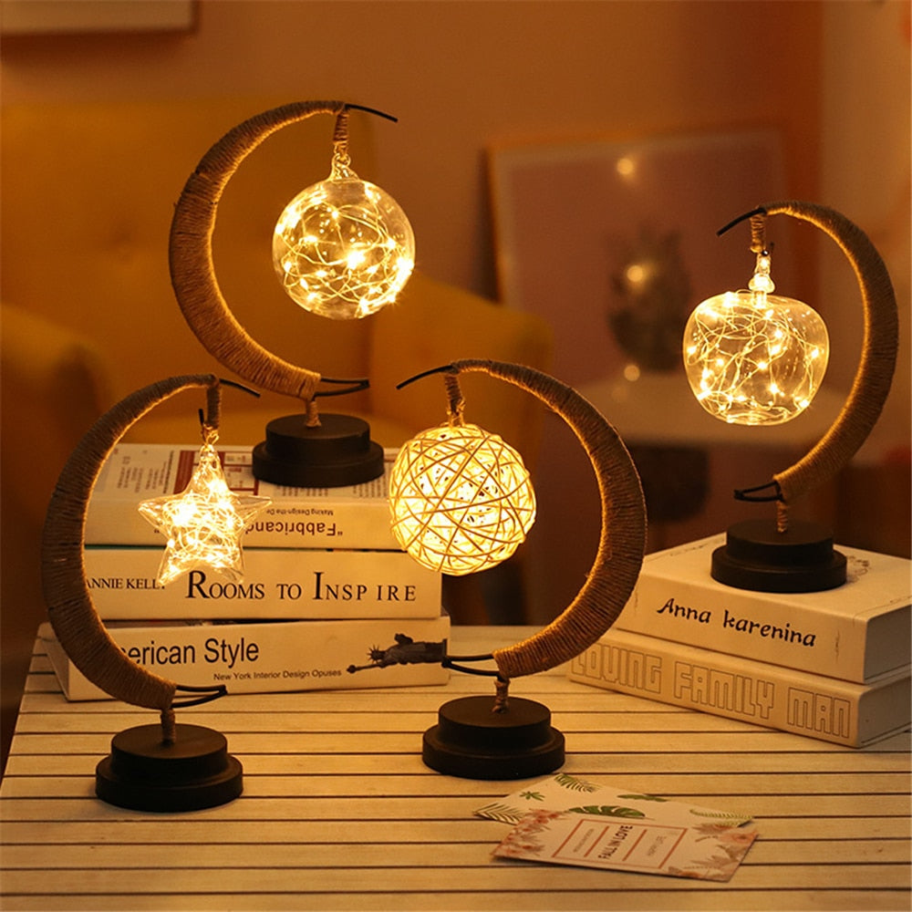 LED Star, Moon & Apple Fairy Lights - Hemp Rope Night Lamp & Christmas Gifts