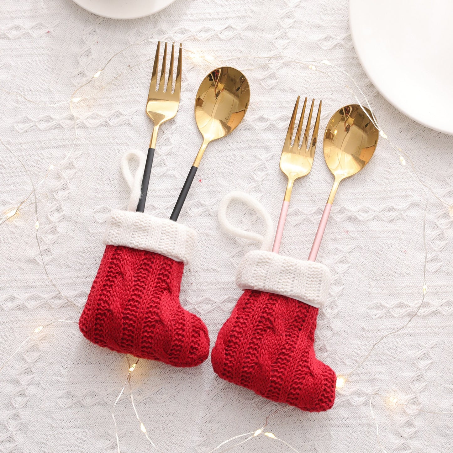 Mini Knitted Christmas Socks - Tableware Knife & Fork Holder Set Decorations