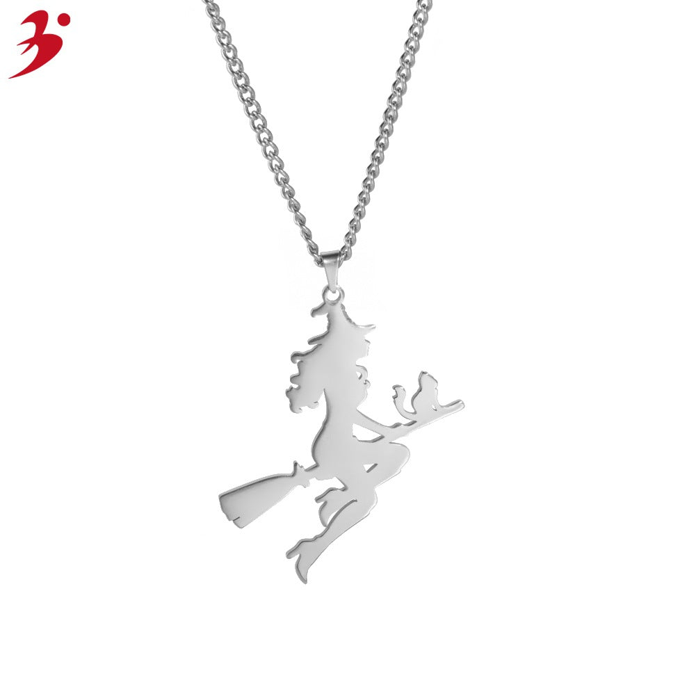 Angel & Witch Pendant Necklace - Stainless Steel Sweater Chain for Women
