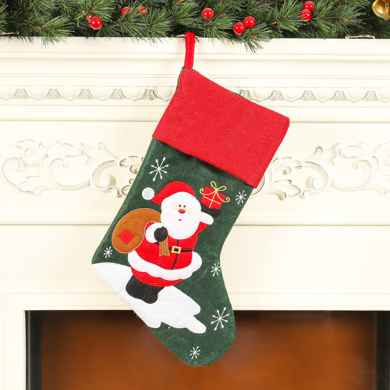 Linen Santa Claus Embroidered Christmas Socks Gift Bag - Pendants & Xmas Gifts