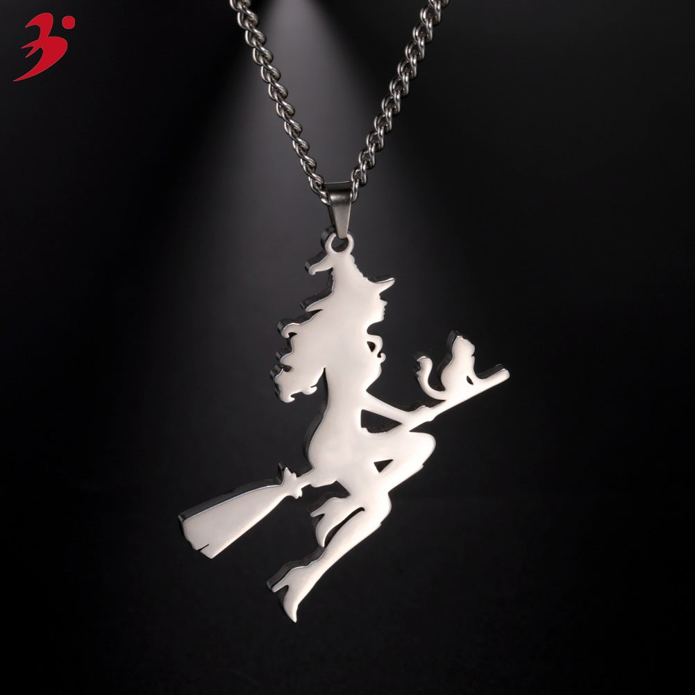 Angel & Witch Pendant Necklace - Stainless Steel Sweater Chain for Women