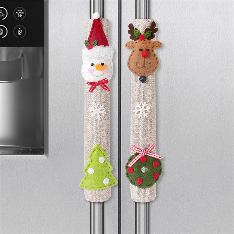 Santa Claus, Snowman & Elk Linen Handle Covers - Christmas Fridge & Microwave Decorations