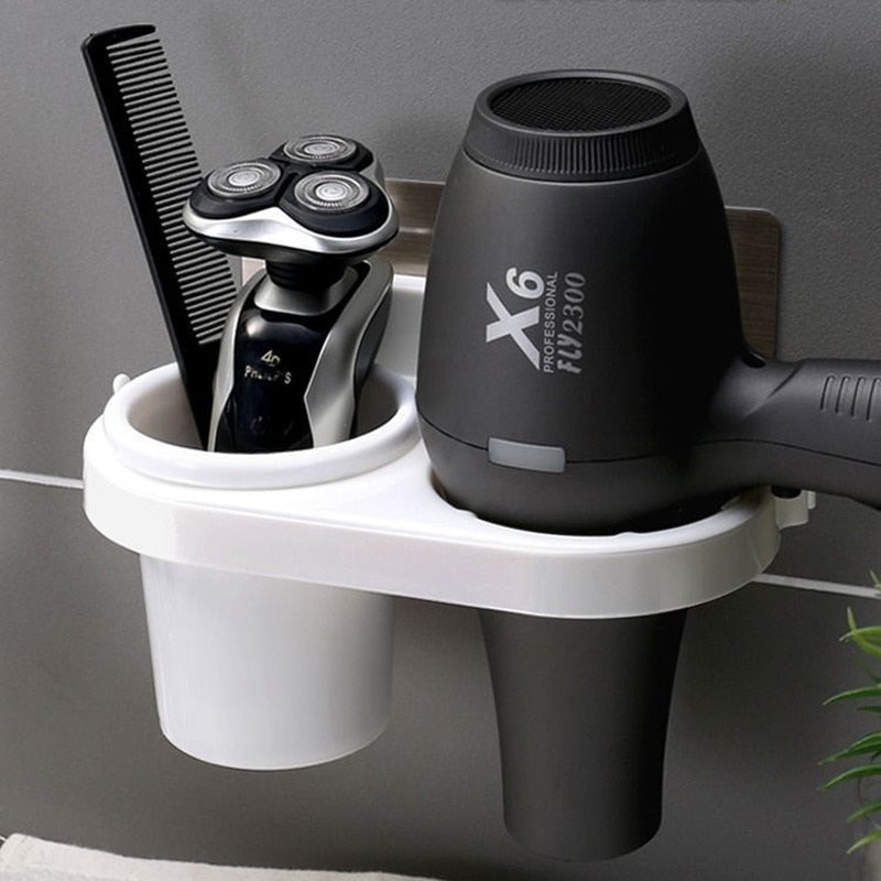 Multifunction bathroom rack organizer self adhesive wall mounted hair dryer holder with DIY cup for storage