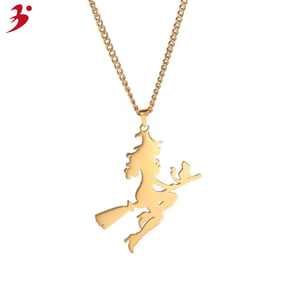 Ladies stainless steel angel and witch pendant sweater necklace Halloween jewelry gift