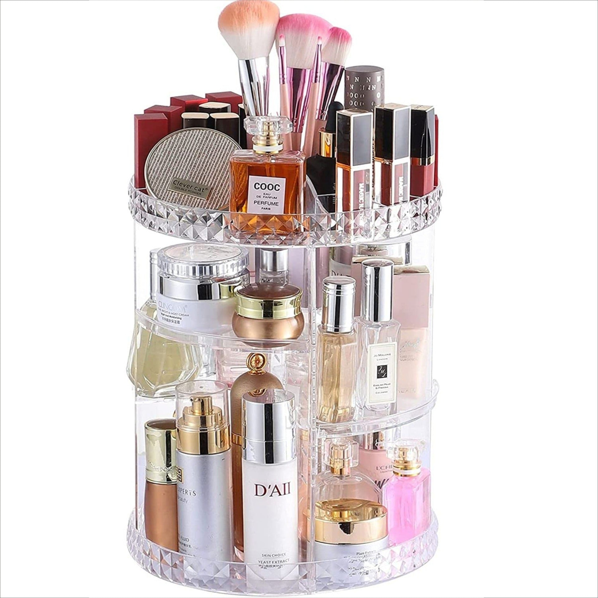 Rotating cosmetic storage box – transparent desktop rack for makeup brush and skincare product organisation