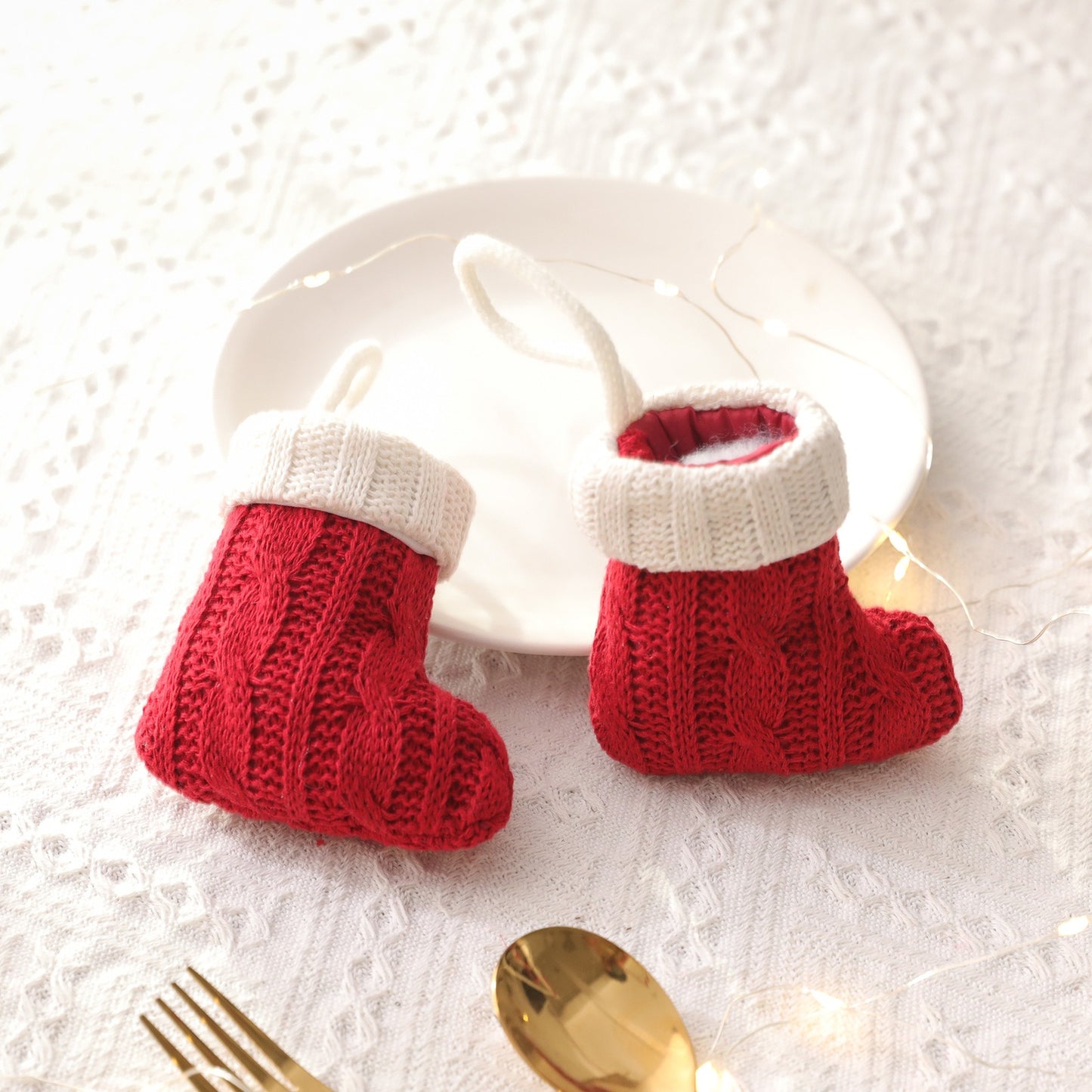 Mini Knitted Christmas Socks - Tableware Knife & Fork Holder Set Decorations