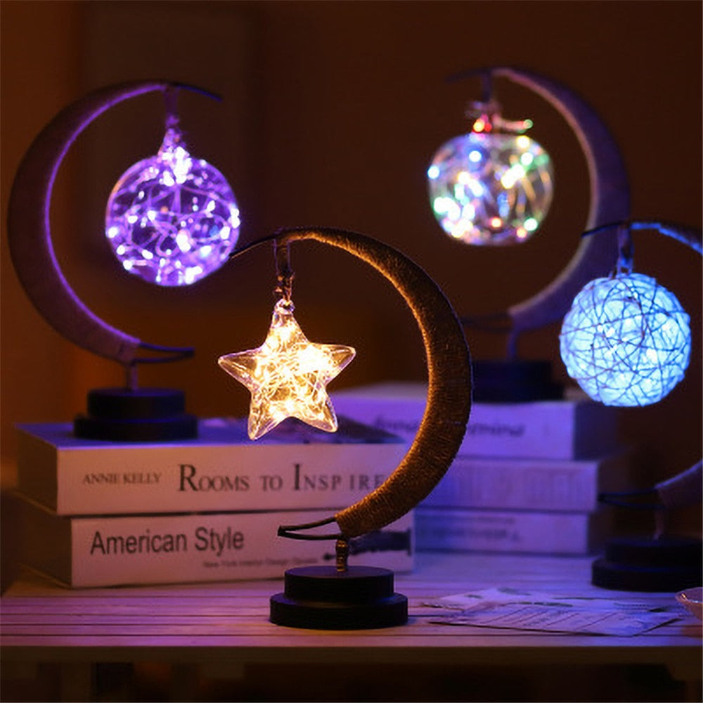 LED Star, Moon & Apple Fairy Lights - Hemp Rope Night Lamp & Christmas Gifts