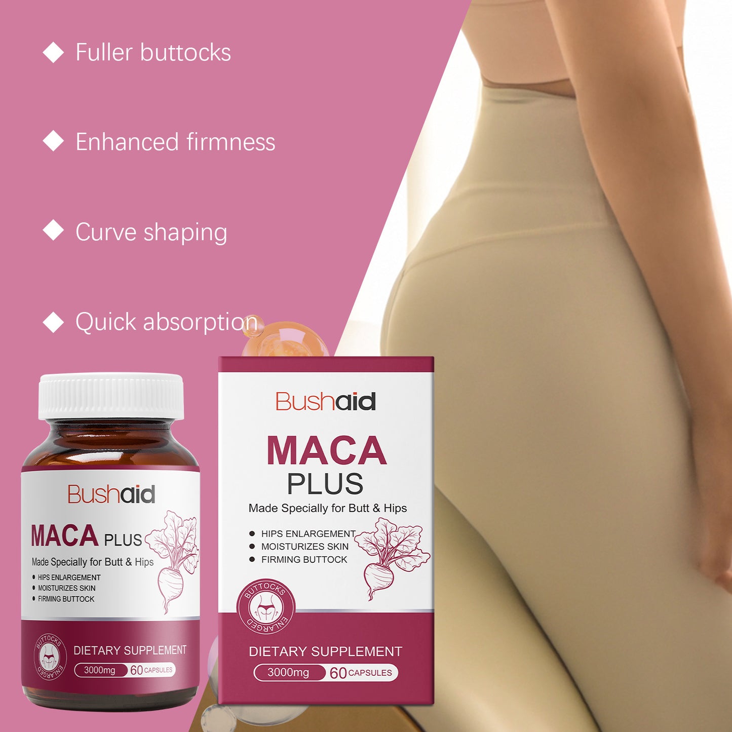 BushAid Maca Butt Capsule – Gentle Ingredients for Daily Moisturizing & Firming Care