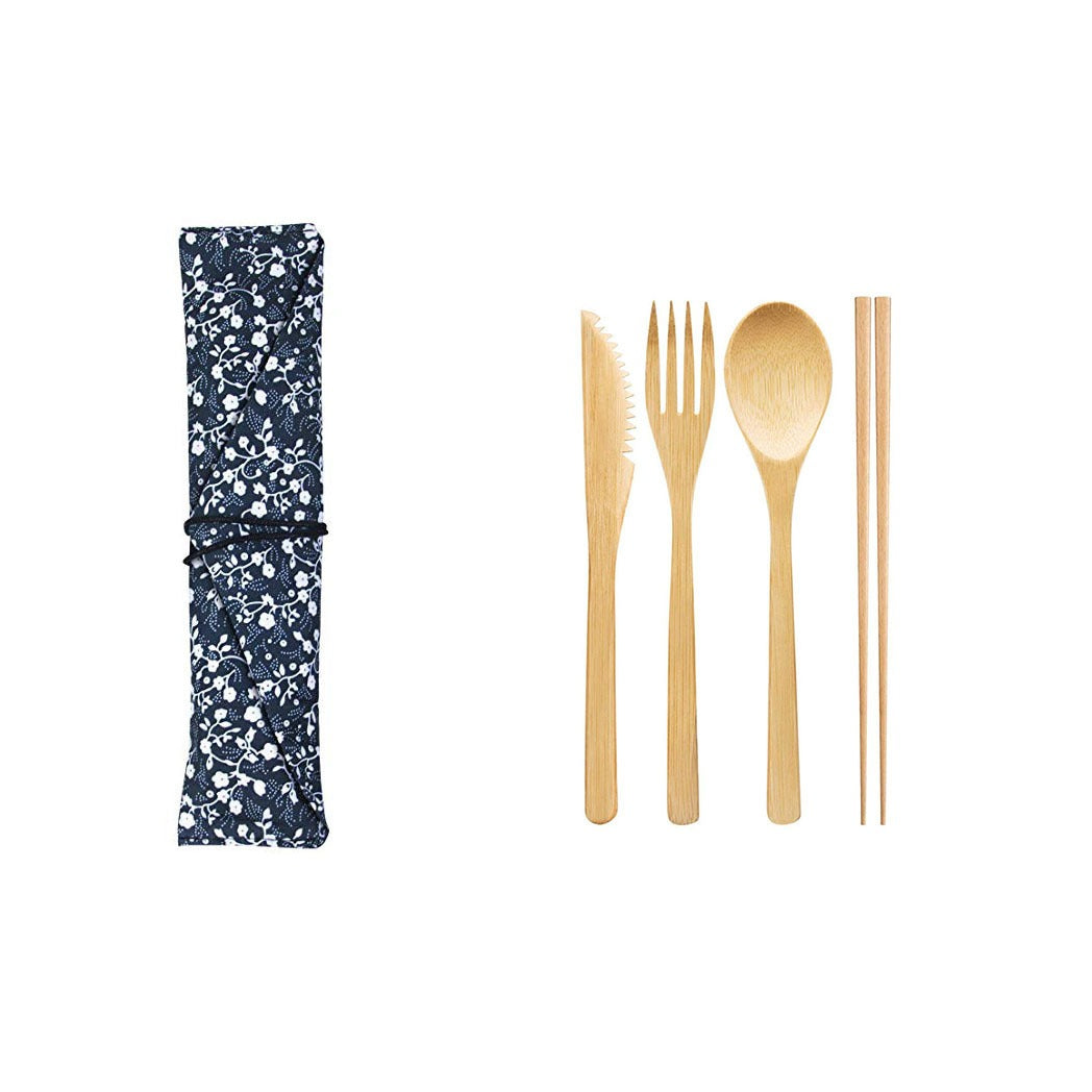 Bamboo Knife, Fork, Spoon & Straw Set – Eco-Friendly Outdoor Tableware with Cloth Bag
