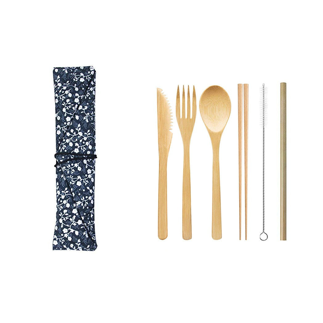 Bamboo Knife, Fork, Spoon & Straw Set – Eco-Friendly Outdoor Tableware with Cloth Bag
