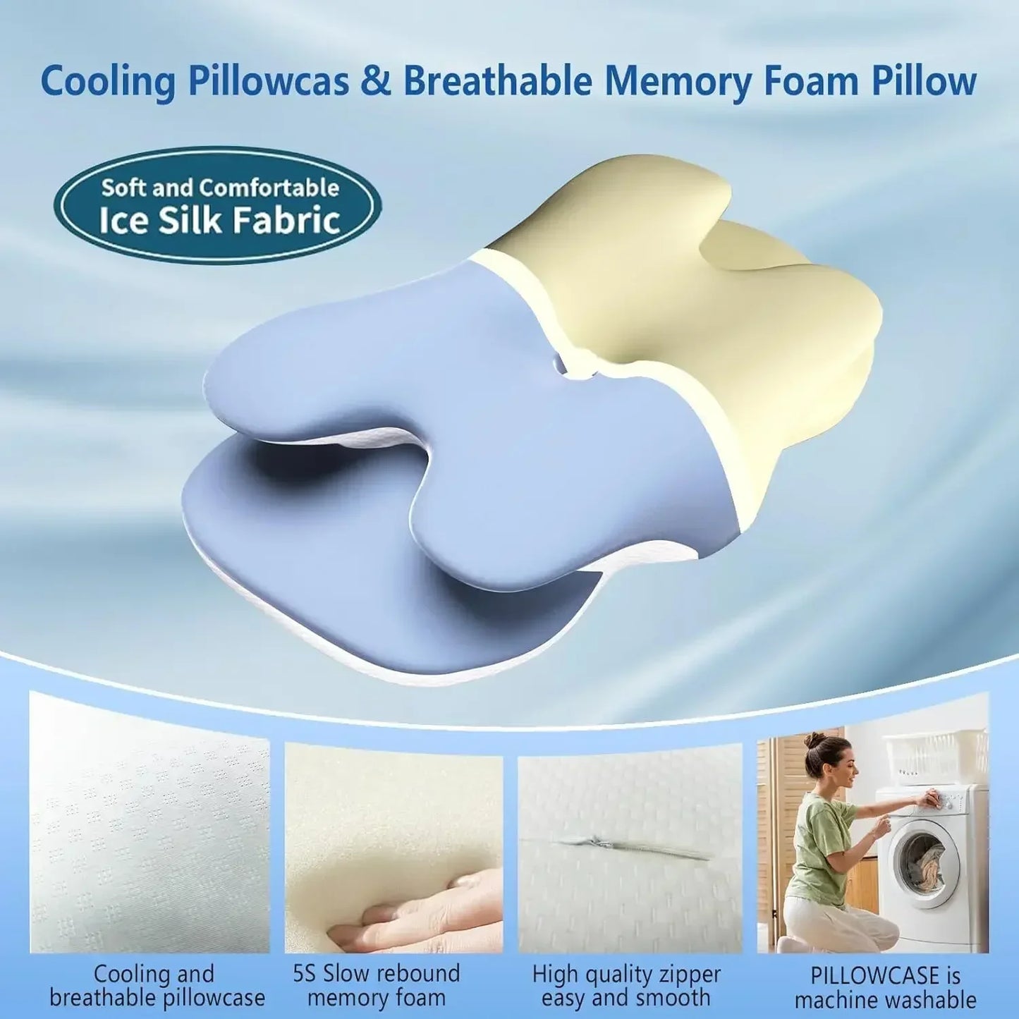 Ice Silk Pillowcase Ergonomic Cervical Memory Foam Pillow Neck Pain Relief Adjustable for Back & Side Sleepers