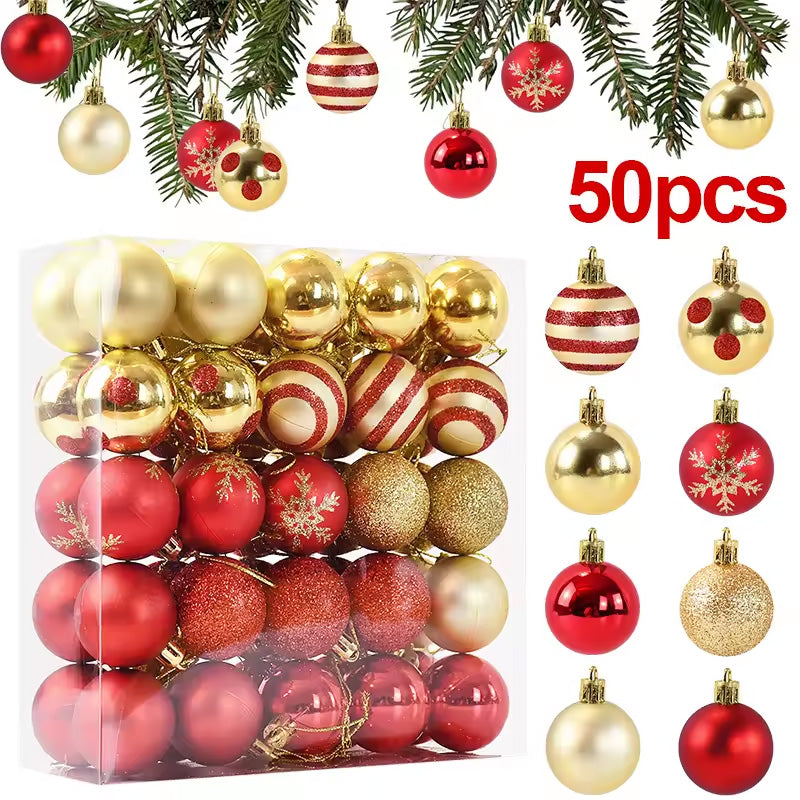 50 gold and red Christmas tree ball ornaments for holiday and New Year decorations