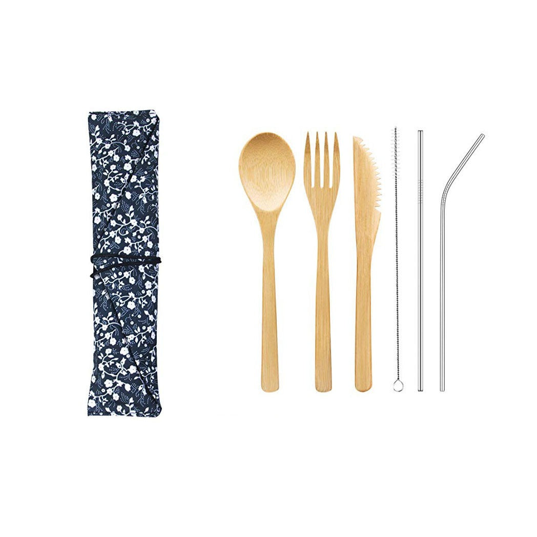 Bamboo Knife, Fork, Spoon & Straw Set – Eco-Friendly Outdoor Tableware with Cloth Bag