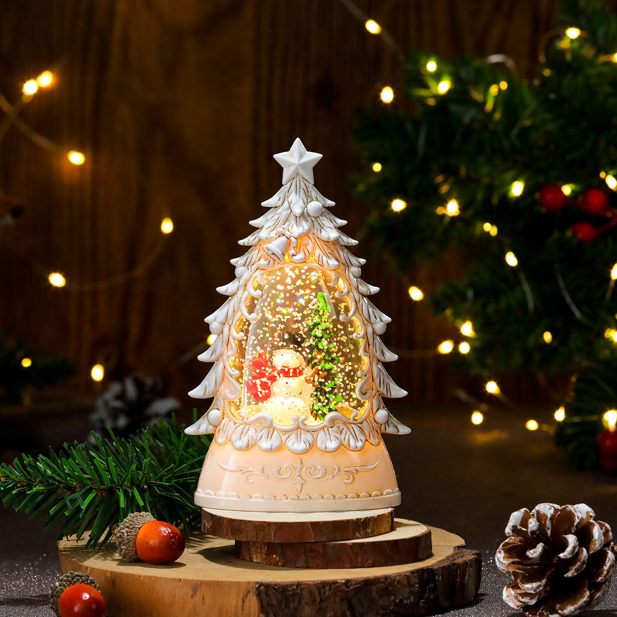Painted Christmas Trees with Glowing Candles & Lamps - Festive Ornaments & Gifts