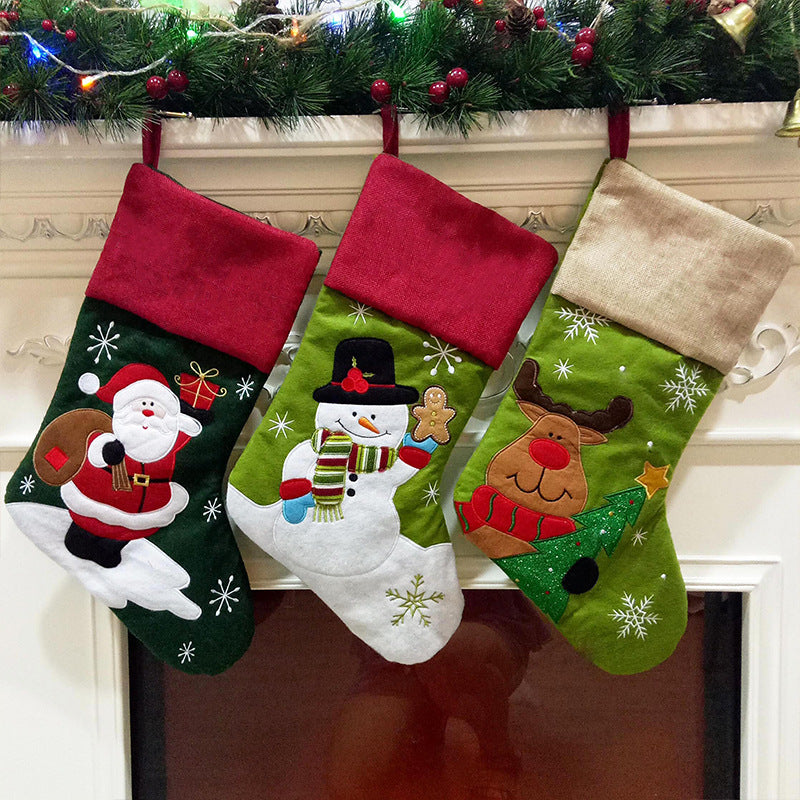 Linen Santa Claus Embroidered Christmas Socks Gift Bag - Pendants & Xmas Gifts