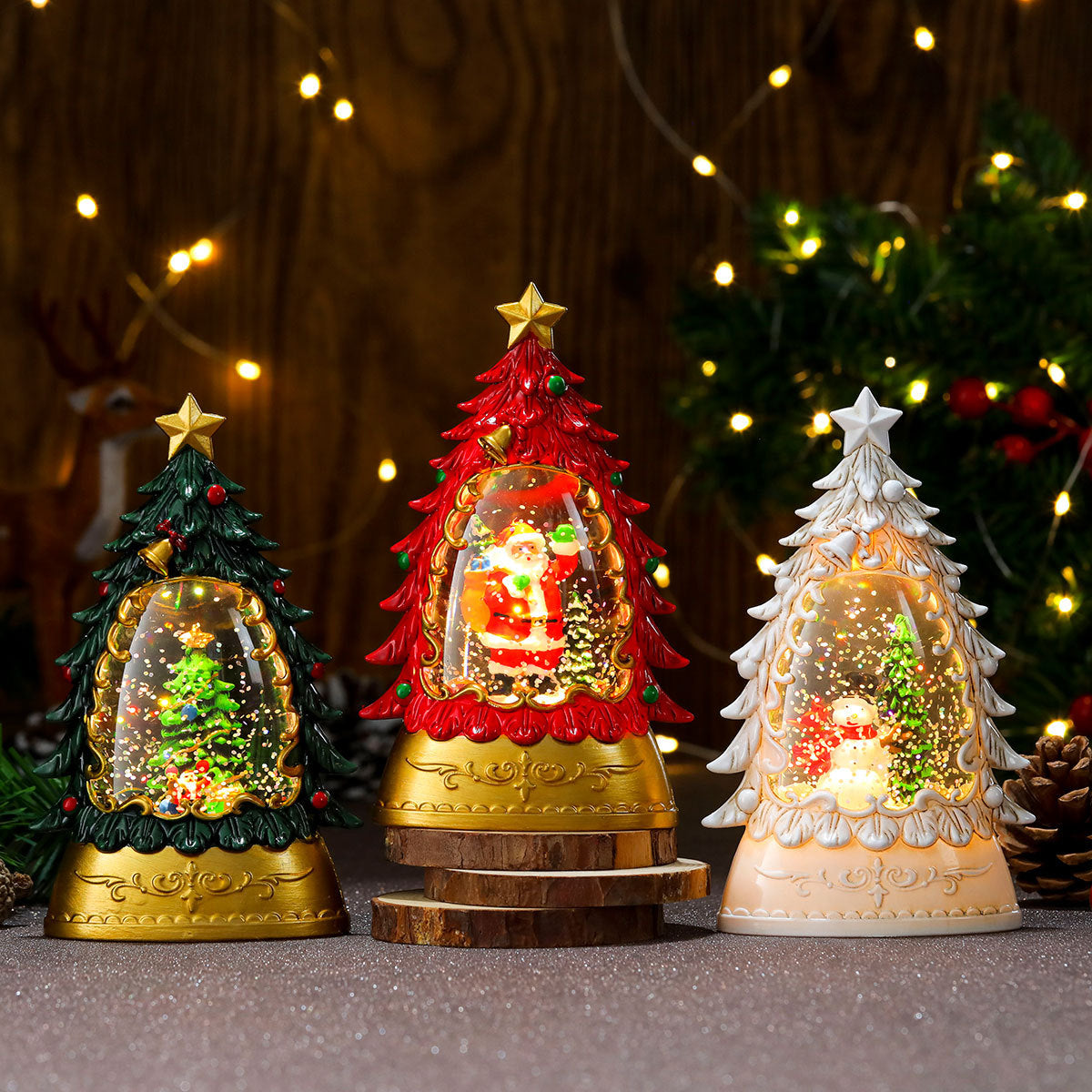 Painted Christmas Trees with Glowing Candles & Lamps - Festive Ornaments & Gifts
