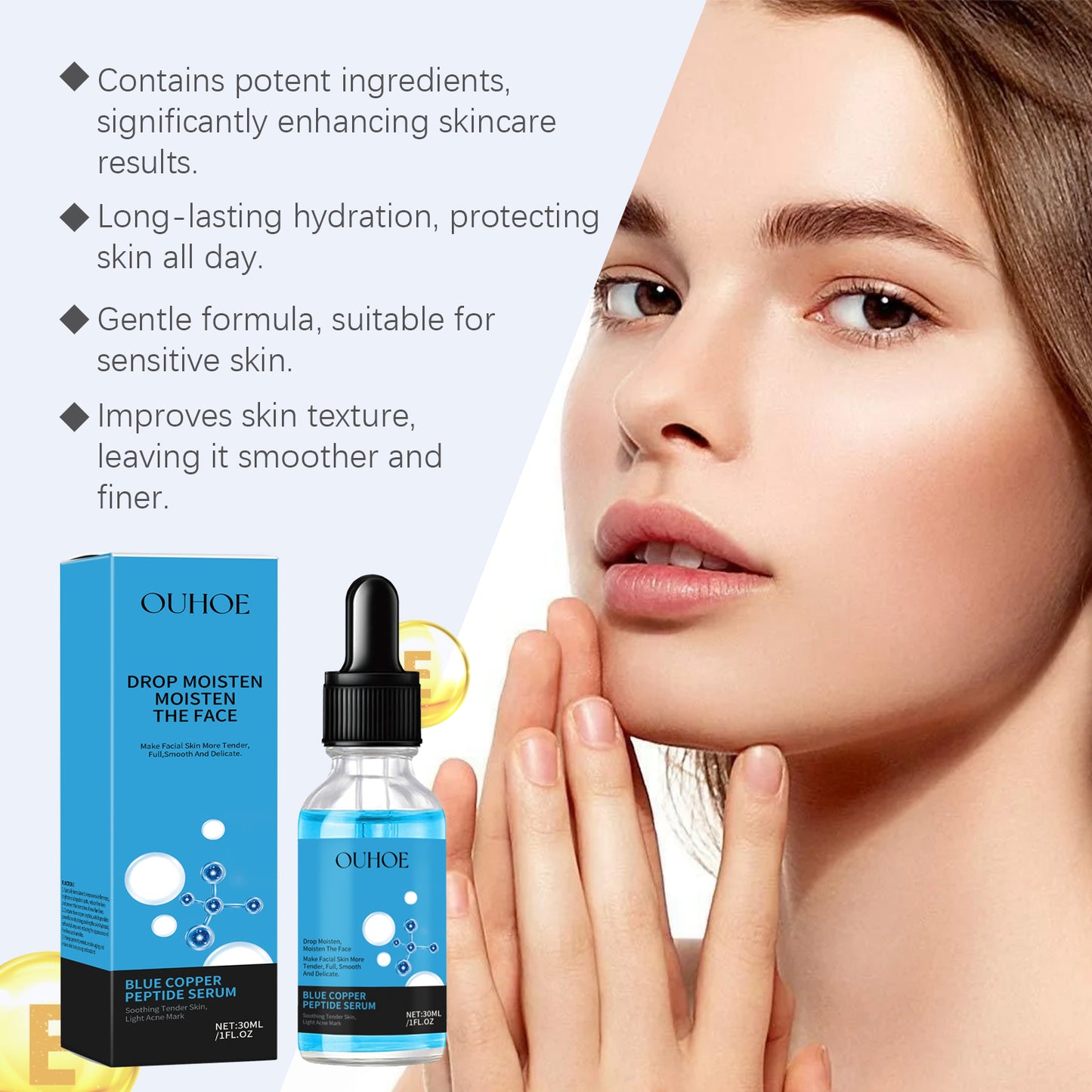 Huyết thanh phục hồi Peptide Đồng OUHOE dưỡng ẩm, cấp ẩm, làm săn chắc và trẻ hóa da mặt với huyết thanh Peptide Đồng xanh dương.