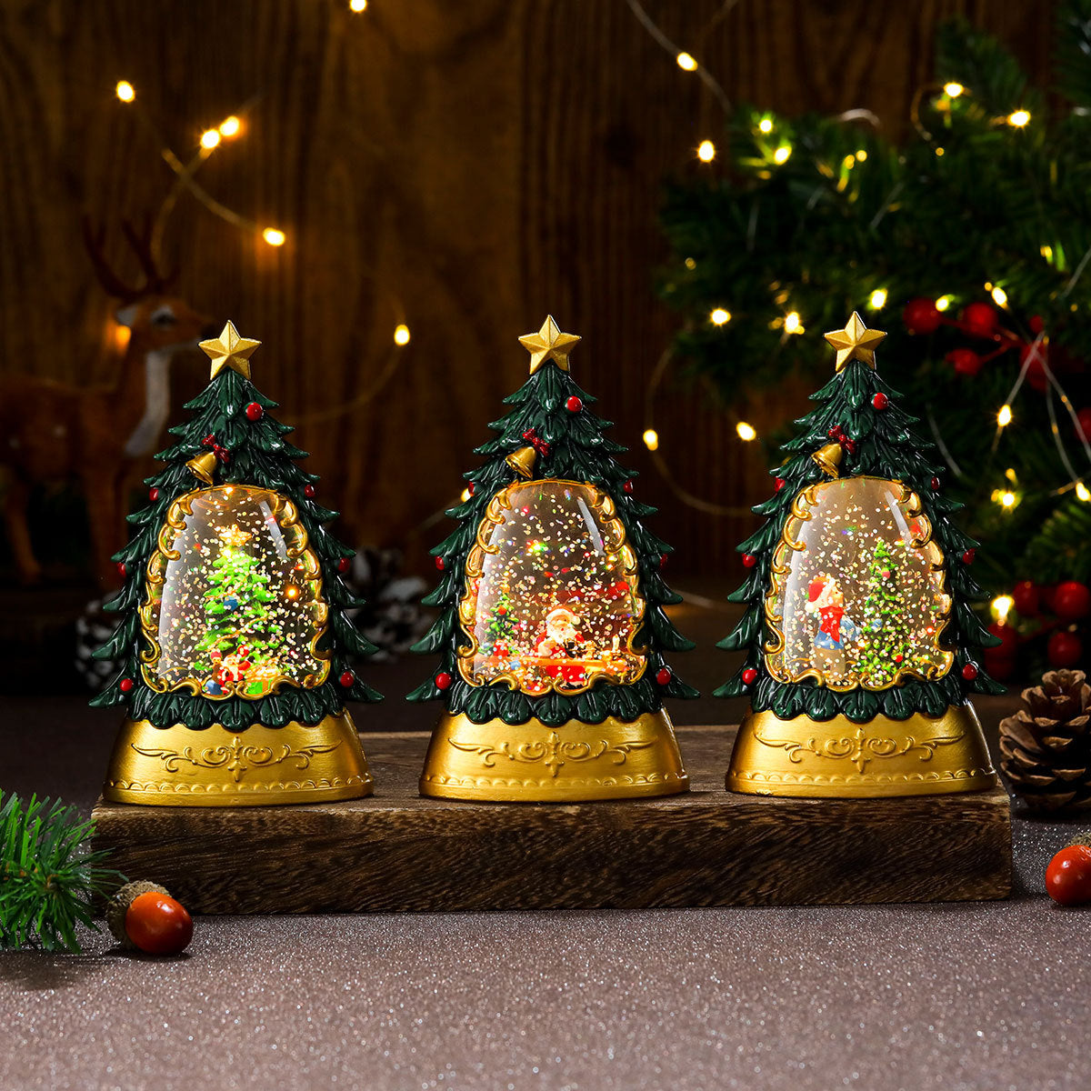 Painted Christmas Trees with Glowing Candles & Lamps - Festive Ornaments & Gifts