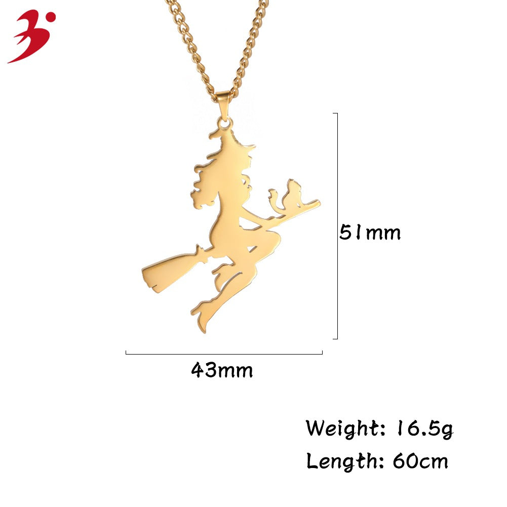 Angel & Witch Pendant Necklace - Stainless Steel Sweater Chain for Women