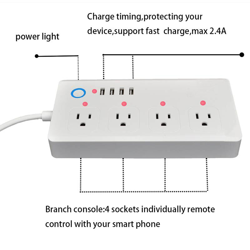 Smart Power Strip WiFi Extension Cord with 4 USB Ports & 4 Individually Controlled AC Plugs – Tuya App Compatible