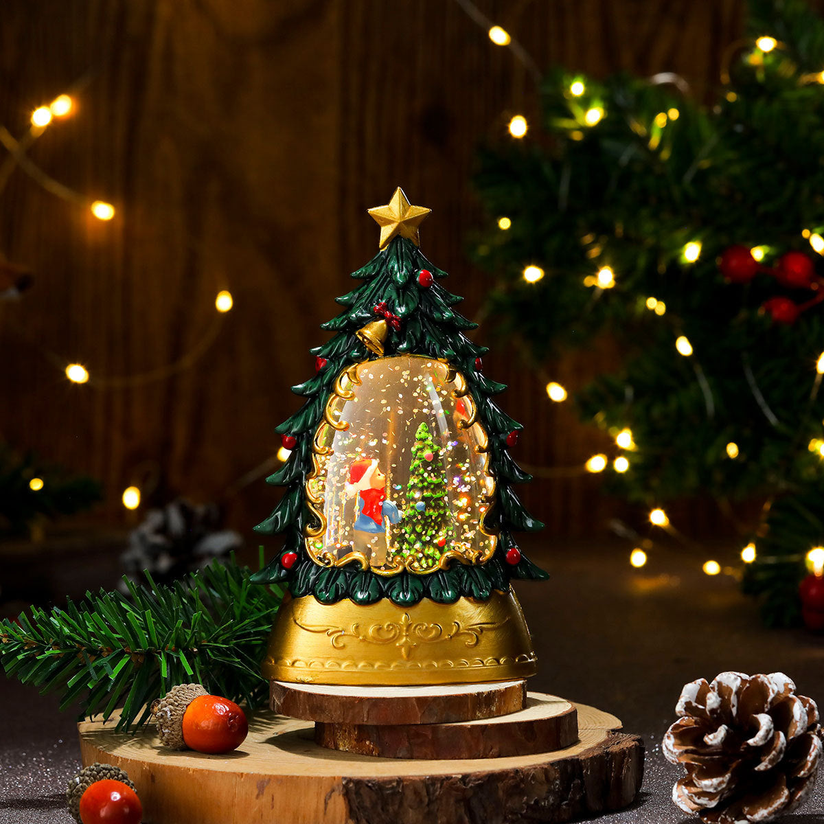 Painted Christmas Trees with Glowing Candles & Lamps - Festive Ornaments & Gifts