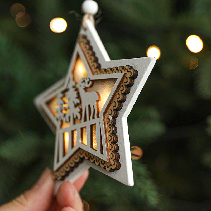 Wooden Christmas Ornaments & White Pentagram - Luminous Strip Lights Scene Decorations