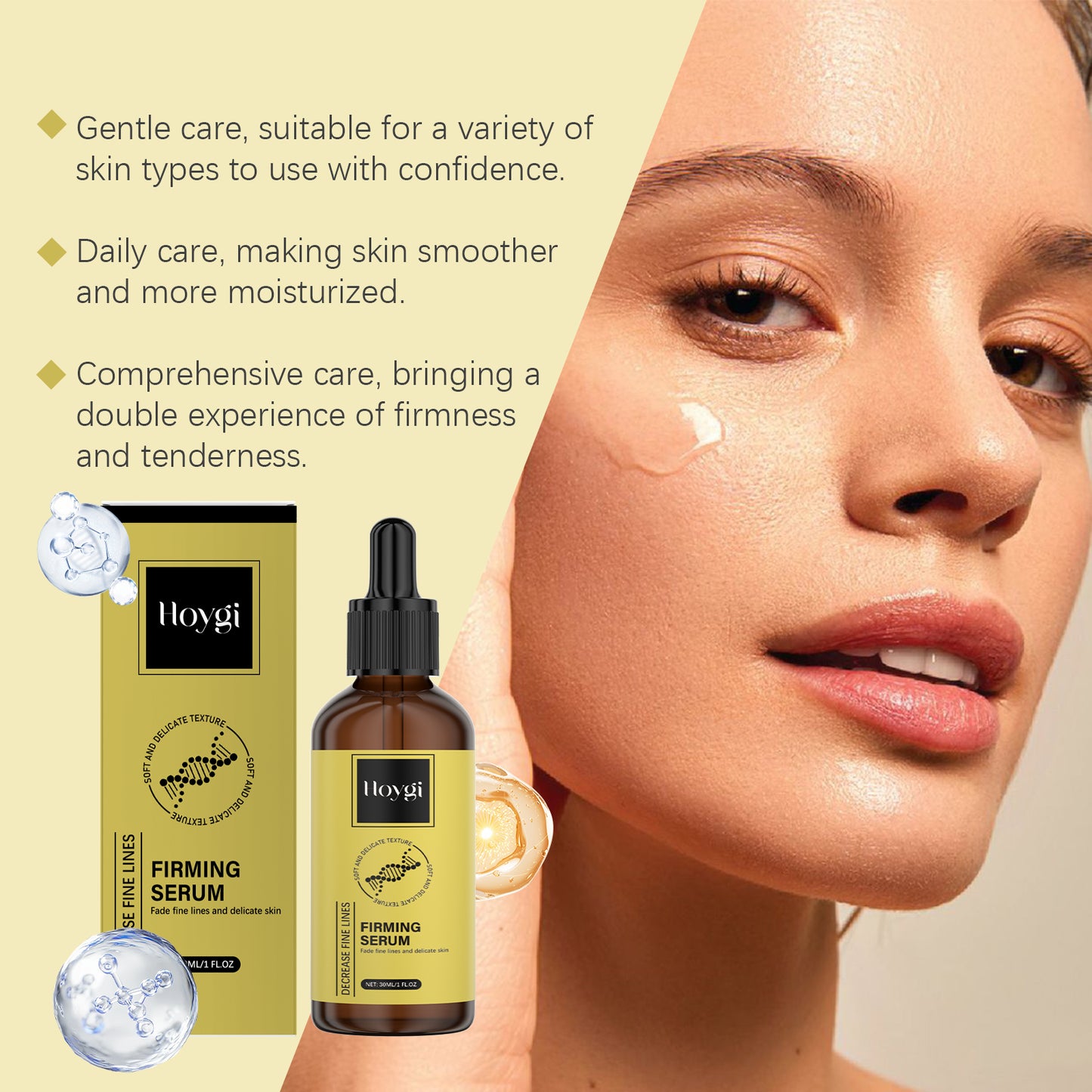 Huyết thanh làm săn chắc da mặt Hoygi, nhẹ nhàng nuôi dưỡng và chăm sóc da mặt với độ ẩm, sự tinh tế và vẻ rạng rỡ đầy nước.