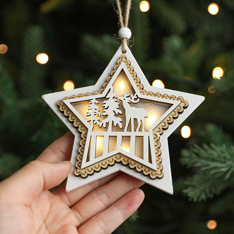 Wooden Christmas Ornaments & White Pentagram - Luminous Strip Lights Scene Decorations