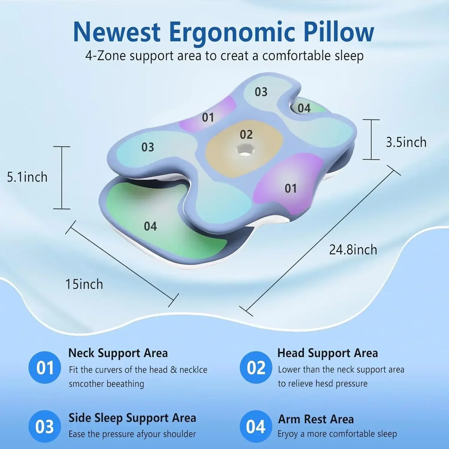 Ice Silk Pillowcase Ergonomic Cervical Memory Foam Pillow Neck Pain Relief Adjustable for Back & Side Sleepers
