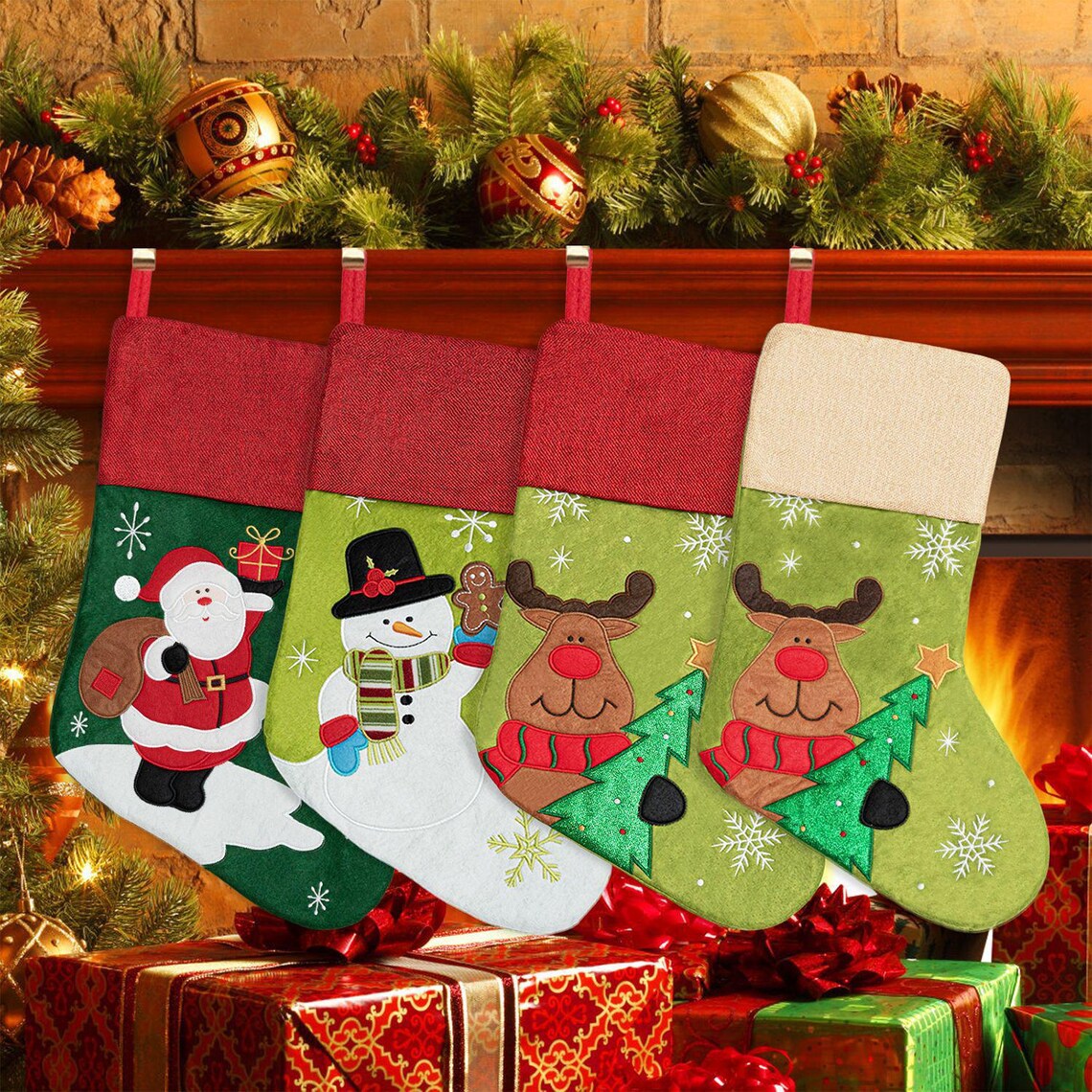 Linen Santa Claus Embroidered Christmas Socks Gift Bag - Pendants & Xmas Gifts
