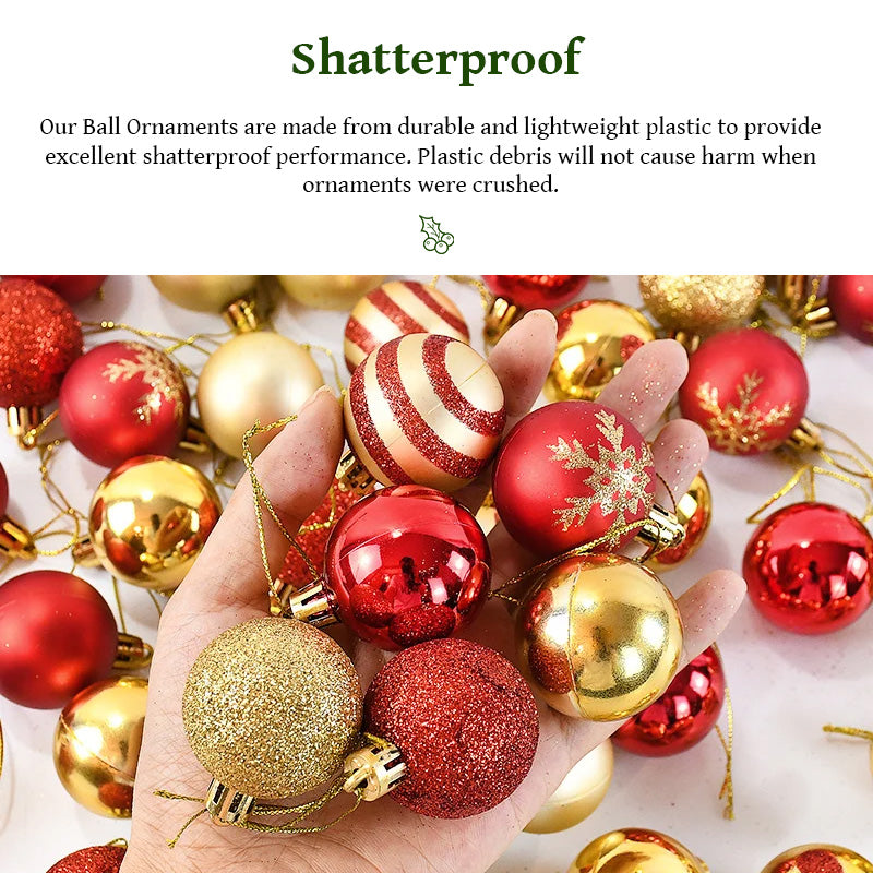 50PCS Gold & Red Christmas Tree Ball Ornaments - Holiday & New Year Decorations