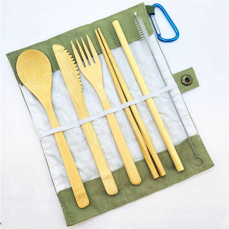7PCS portable eco-friendly bamboo cutlery flatware set with knife fork spoon chopsticks straws and pouch