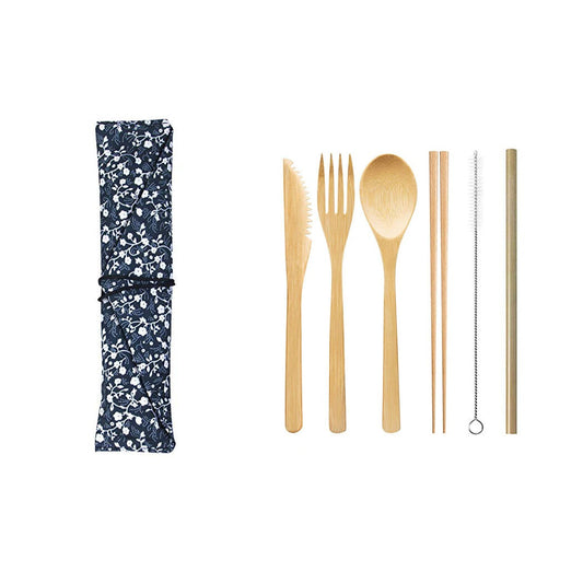 Eco-friendly bamboo cutlery set with knife fork spoon straw and cloth bag for outdoor travel tableware