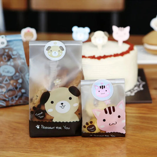 50PCS APRICOT frosted cookie bags with cat and dog patterns for candy, wedding gift, and bakery packaging