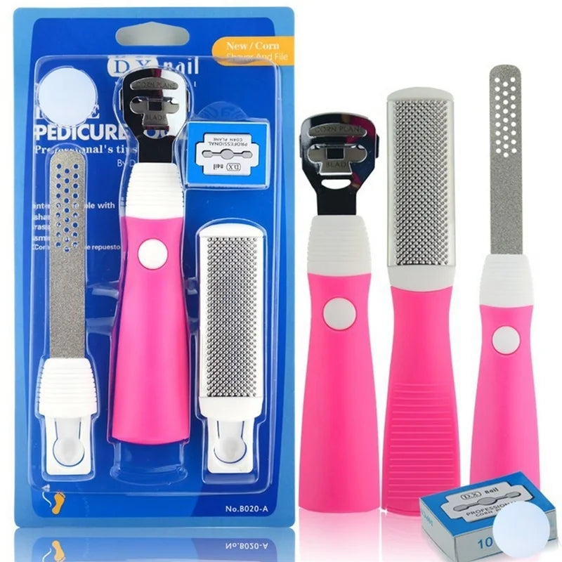 Nail and foot care tool set with foot file, callus remover, pedicure rasp and portable cuticle pusher