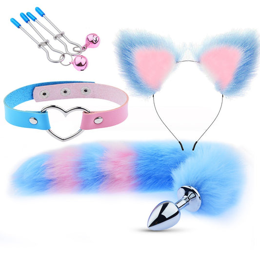 Erotic fox tail four-piece anal plug set with ear hairpin and SM metal accessories for women