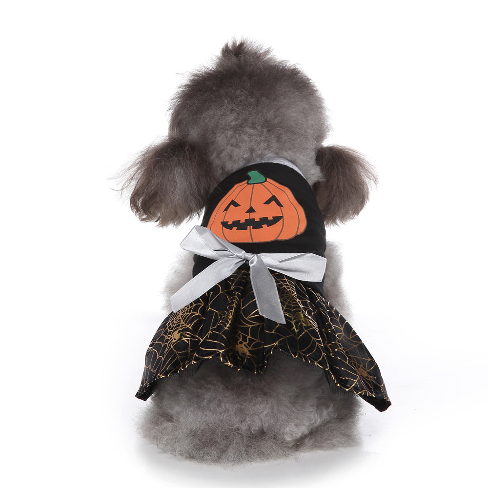 Dog wearing Halloween wizard skirt and bat skirt costume for Christmas Day