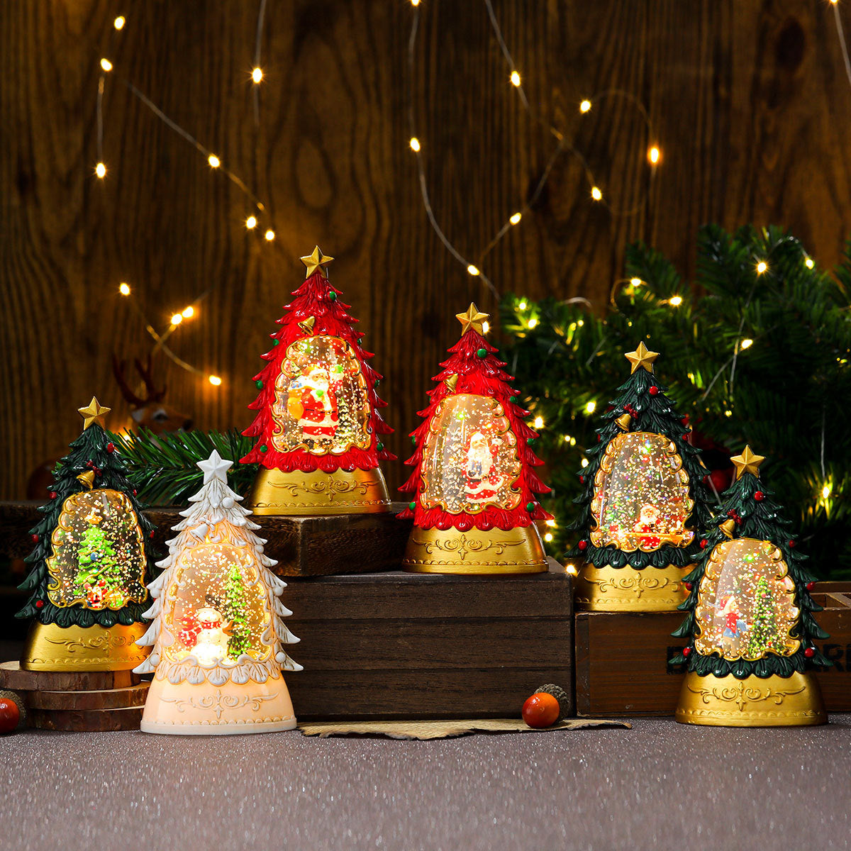 Painted Christmas tree with glowing candles and decorative lamps for Christmas gifts