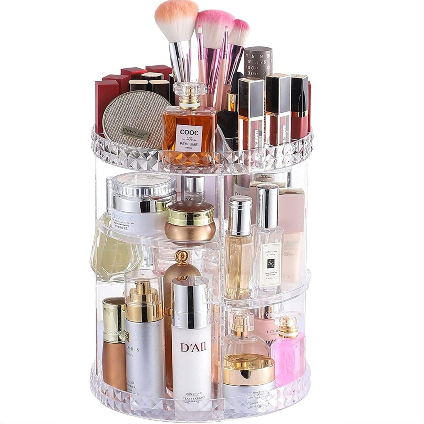 Rotating cosmetic storage box – transparent desktop rack for makeup brush and skincare product organisation