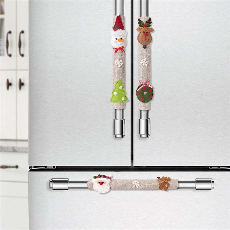 Linen refrigerator and microwave handle covers with Santa Claus, snowman and elk Christmas designs
