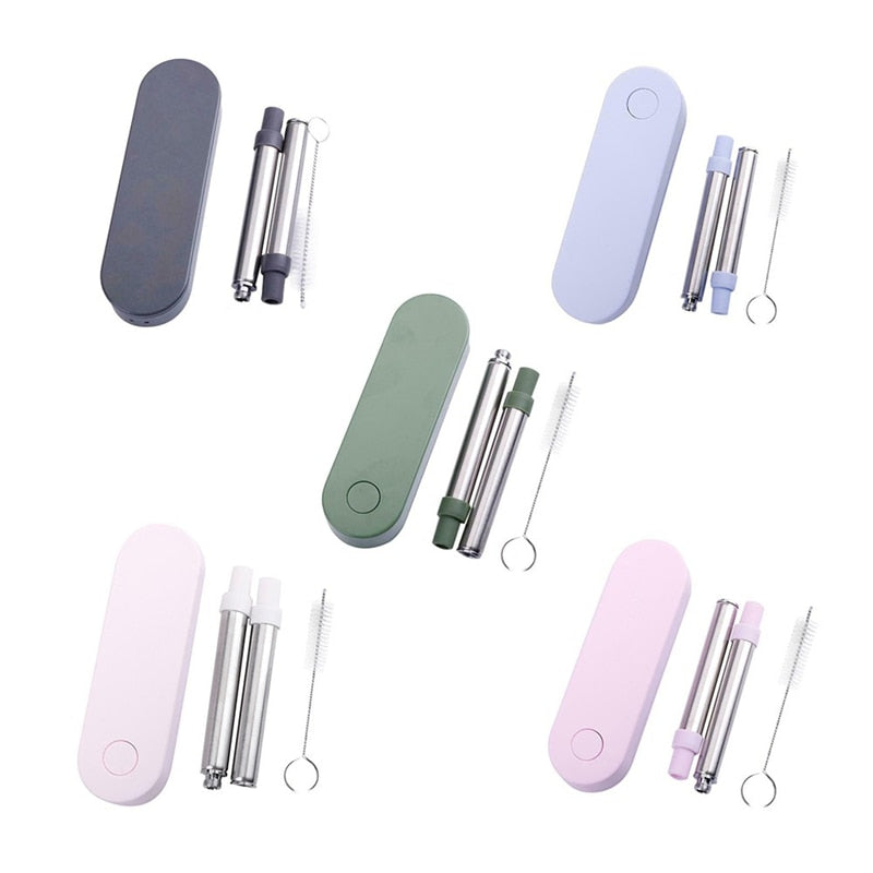 Reusable stainless steel telescopic drinking straw with brush and portable storage box for kitchen, bar, and travel